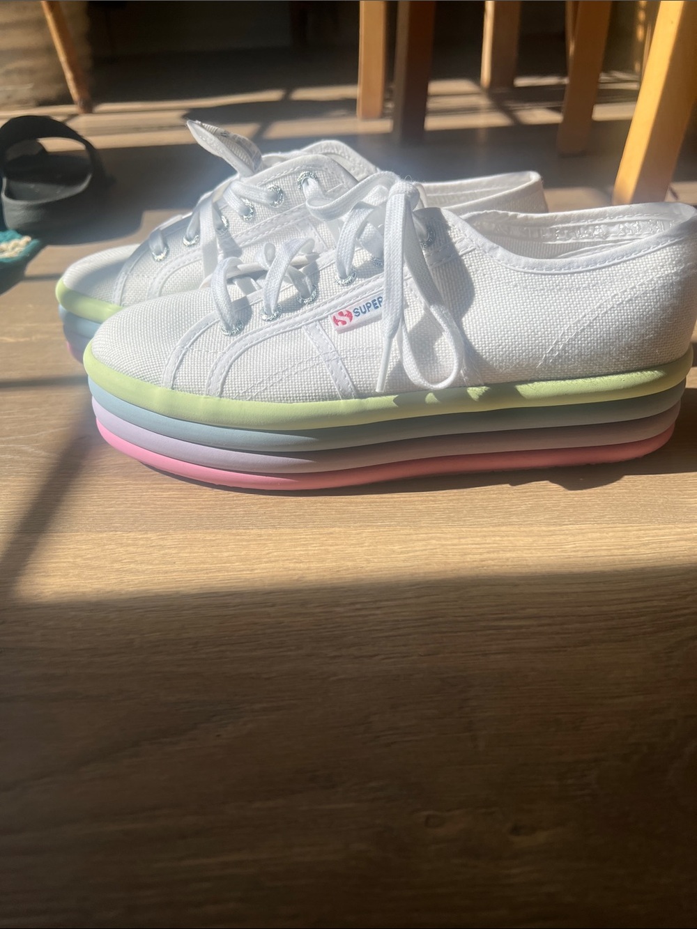 Superga White Canvas Platform Sneakers with Pastel Green, Blue & Pink Soles